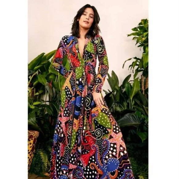 Farm Rio Anthropologie Under the Sea Long Sleeve V-Neck Plunge Maxi Dress - Picture 4 of 5